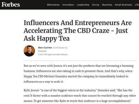 Forbes article: Influencers And Entrepreneurs Are Accelerating The CBD Craze - Just Ask Happy Tea