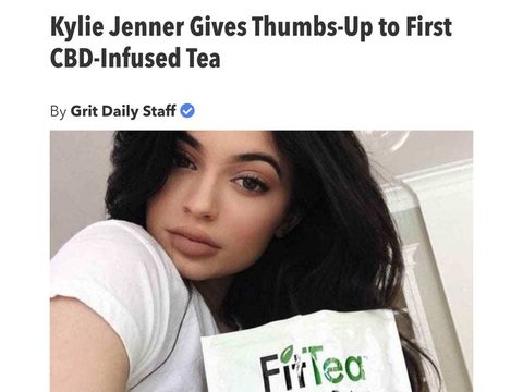 Grit Daily article: Kylie Jenner Gives Thumbs-Up to First CBD-Infused Tea, with the article's photo of a FitTea 28 Day Detox pouch